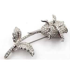 NOLAN MILLER PAVE RHINESTONE ROSE FLOWER LONG STEM‎ BROOCH PIN SILVER SIGNED